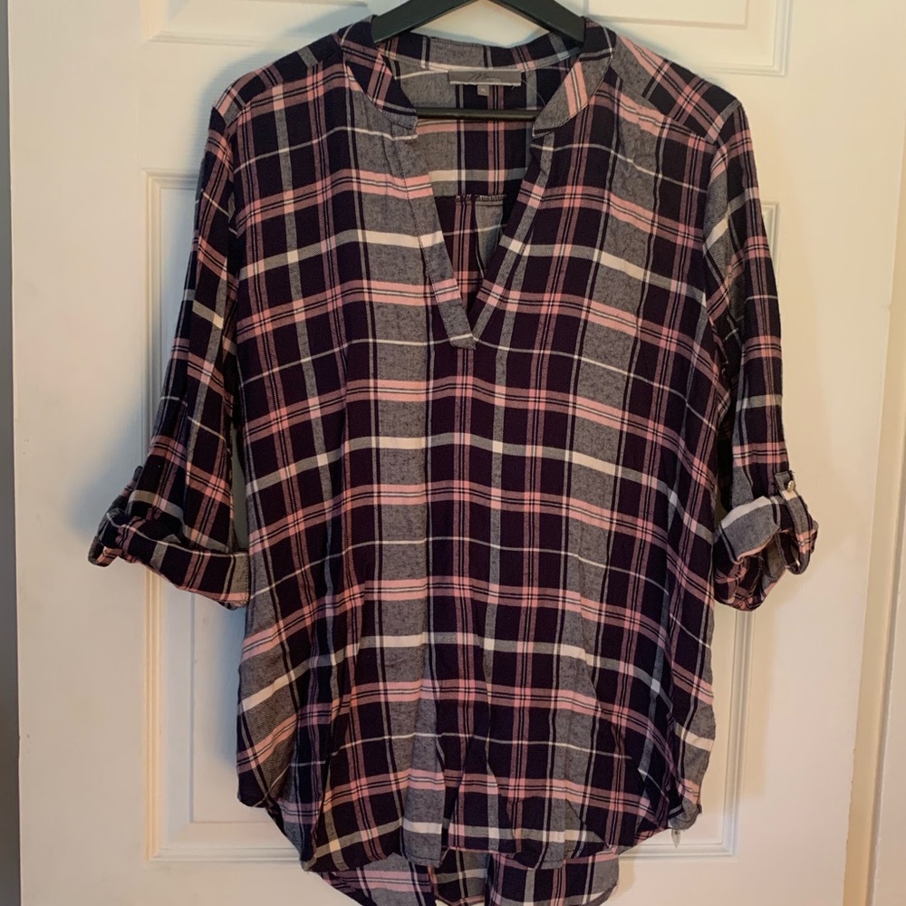 Mia & Tess Plaid Split Neck Top